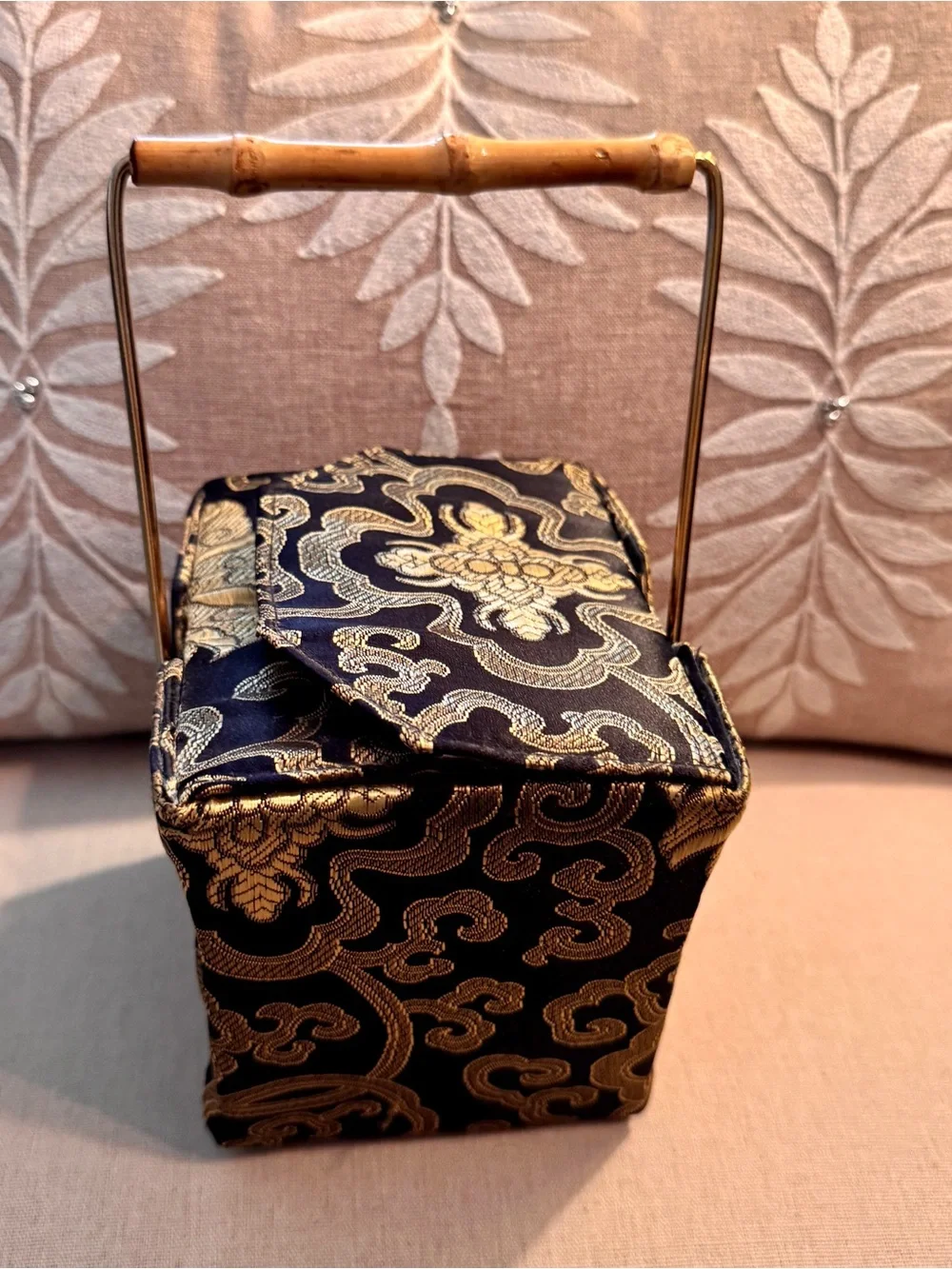 Elegant Black and Gold Brocade Evening Bag with Bamboo Handle